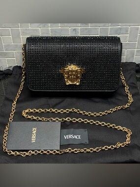 Versace Medusa Crystal Shoulder Bag Black Gold Chain Classic New
